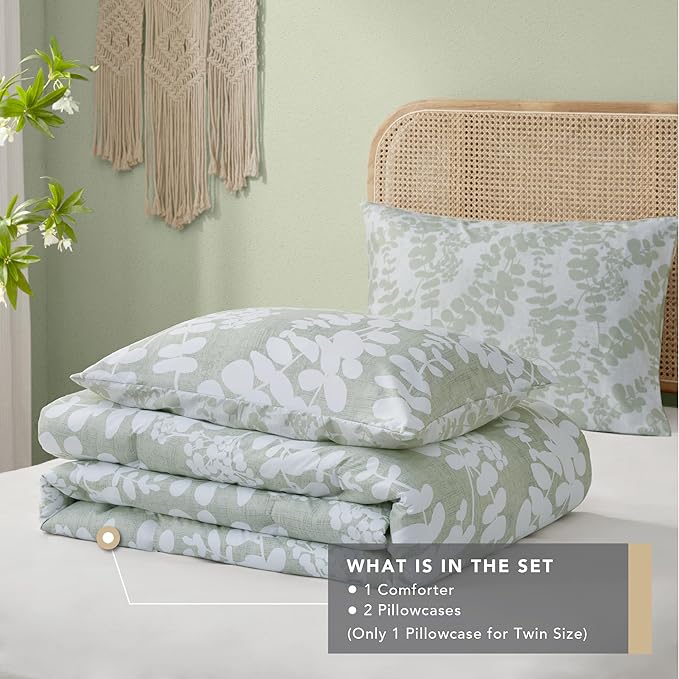 Codi Sage Green Comforter Set King Size, Floral Bedding Sets for Women | Nature Botanical Style, Unique Reversible Design, Better for Spring and Summer | Leaf Print 3 Pieces - LeafyLoom