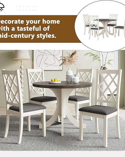 Mid-Century Style Round 4 Upholstered Chairs, Long-Lasting Solid Wood, Easy Clean & Assembly, Room, Kitchen, Small Place, 5 Piece Dining Table Set, Brown 30 - LeafyLoom