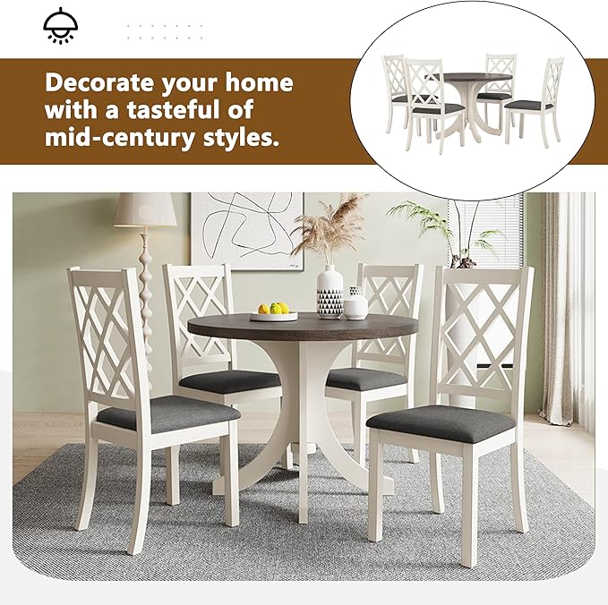 Mid-Century Style Round 4 Upholstered Chairs, Long-Lasting Solid Wood, Easy Clean & Assembly, Room, Kitchen, Small Place, 5 Piece Dining Table Set, Brown 30 - LeafyLoom