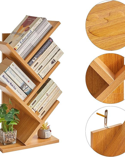 YMYNY 4 Tier Tree Bookshelf, Small Bookcase, Modern Wood Book Storage Rack, Freestanding Book shelf for Books/Movies/CDs, Narrow Display Rack for Living Room, Home Office, Natural UHBC014N - LeafyLoom