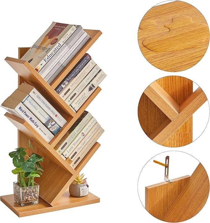 YMYNY 4 Tier Tree Bookshelf, Small Bookcase, Modern Wood Book Storage Rack, Freestanding Book shelf for Books/Movies/CDs, Narrow Display Rack for Living Room, Home Office, Natural UHBC014N - LeafyLoom