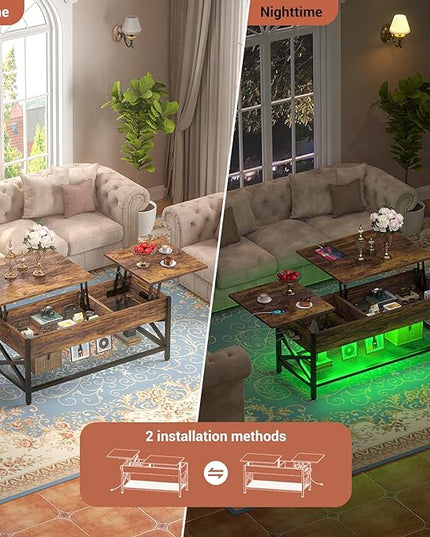 Coffee Table, Lift Top Coffee Table with Storage, LED Light & Power Outlet and Hidden Compartment, Retro Center Table for Living Room, X Support Wood Tabletop, Metal Frame, Rustic Brown - LeafyLoom