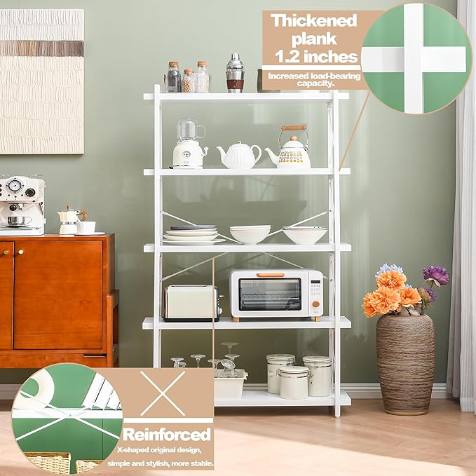 HCHQHS Bookshelf, 5-Tier Industrial Bookcase, White Open Book Shelf, Freestanding Tall Bookshelves with Metal Frame - LeafyLoom