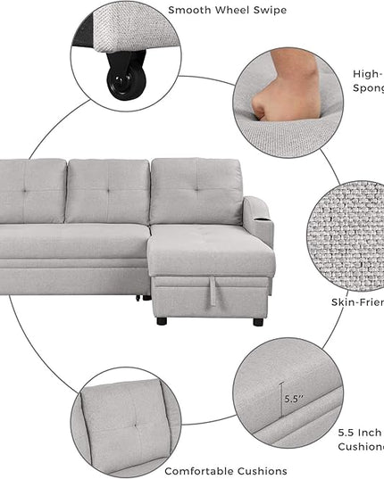 80.3'' L-Shape Convertible Sleeper Sectional Sofa with Storage Chaise and Pull-Out Bed, Linen Upholstered Reversible Corner Couch w/Tufted Cushions &Cup Holder, for Living Room, Apartment - LeafyLoom