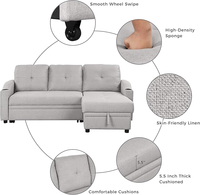 80.3'' L-Shape Convertible Sleeper Sectional Sofa with Storage Chaise and Pull-Out Bed, Linen Upholstered Reversible Corner Couch w/Tufted Cushions &Cup Holder, for Living Room, Apartment - LeafyLoom