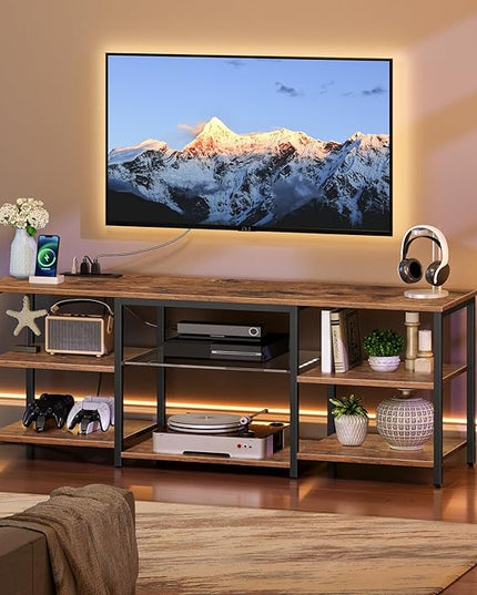HOOBRO LED TV Stand for 65 Inch TVs with Charging Station, Gaming Entertainment Center with Open Storage, Media TV Console Table, TV Stand for Living Room, Bedroom, Rustic Brown and Black BF20UDDS01 - LeafyLoom