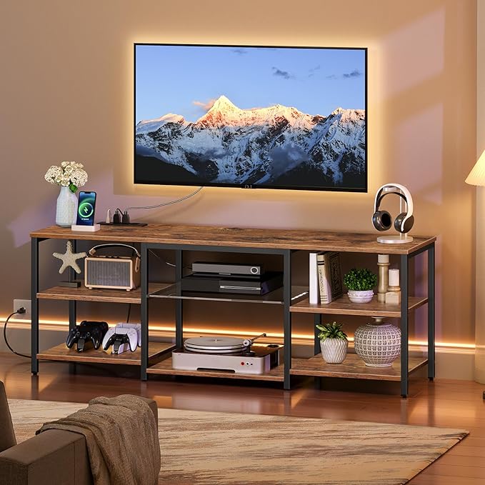 HOOBRO LED TV Stand for 65 Inch TVs with Charging Station, Gaming Entertainment Center with Open Storage, Media TV Console Table, TV Stand for Living Room, Bedroom, Rustic Brown and Black BF20UDDS01 - LeafyLoom