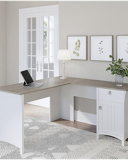 Bush Furniture Salinas L-Shaped Desk with Storage | Study Table with Drawers & Cabinets | Home Office Computer Desk in Pure White and Shiplap Gray - LeafyLoom