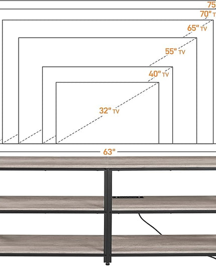 Yaheetech TV Stand with Power Outlet for 75 Inch TV, 3 Tiers TV Storage Cabinet Entertainment Center, Retro 63 Inch Long TV Console Table with Charging Station for Living Room, Gray - LeafyLoom