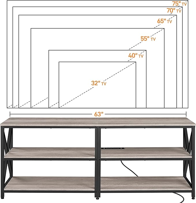 Yaheetech TV Stand with Power Outlet for 75 Inch TV, 3 Tiers TV Storage Cabinet Entertainment Center, Retro 63 Inch Long TV Console Table with Charging Station for Living Room, Gray - LeafyLoom