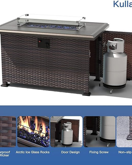 Kullavik 13PCS Outdoor Patio Furniture Set,PE Wicker Rattan Sectional Sofa Patio Conversation Sets with 43" 55000BTU Gas Propane Fire Pit Table,Swivel Rocking Chairs Set,Navy Blue - LeafyLoom