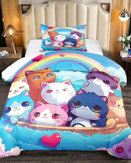 Cat Comforter Set - Cartoon Cat Bedding Sets Twin Comforter Set for Girls Kids Cute Kitty Design Animal Bedding Soft Breathable Cat Quilt for All Season, 1 Comforter 1 Pillowcase - LeafyLoom
