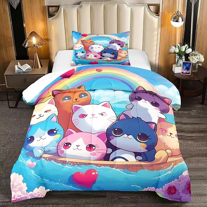 Cat Comforter Set - Cartoon Cat Bedding Sets Twin Comforter Set for Girls Kids Cute Kitty Design Animal Bedding Soft Breathable Cat Quilt for All Season, 1 Comforter 1 Pillowcase - LeafyLoom