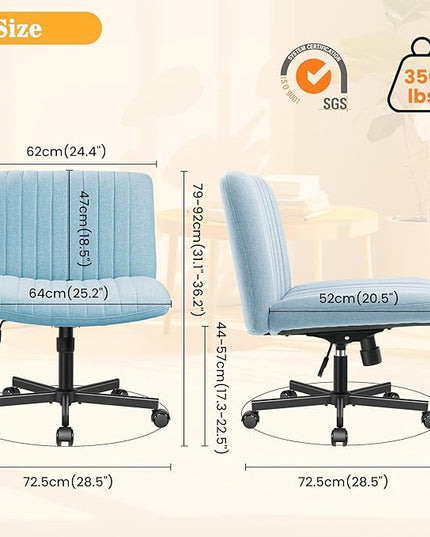 Armless Office Chair with Wheels, Wide Seat Fabric Desk Chair, Height Adjustable Cross Legged Computer Chair for Home Office, Swivel Modern Accent Chair Light Blue - LeafyLoom