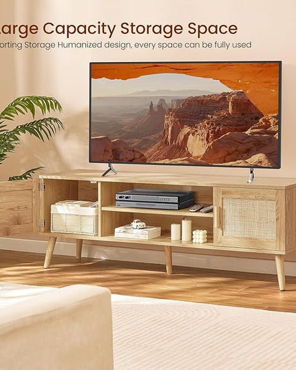 Iwell Boho Rattan TV Stand for 70 inch TV, Large TV Console, Entertainment Center with Adjustable Shelf and 2 Cabinets, Mid Century Modern TV Stands for Living Room, Bedroom, Natural - LeafyLoom