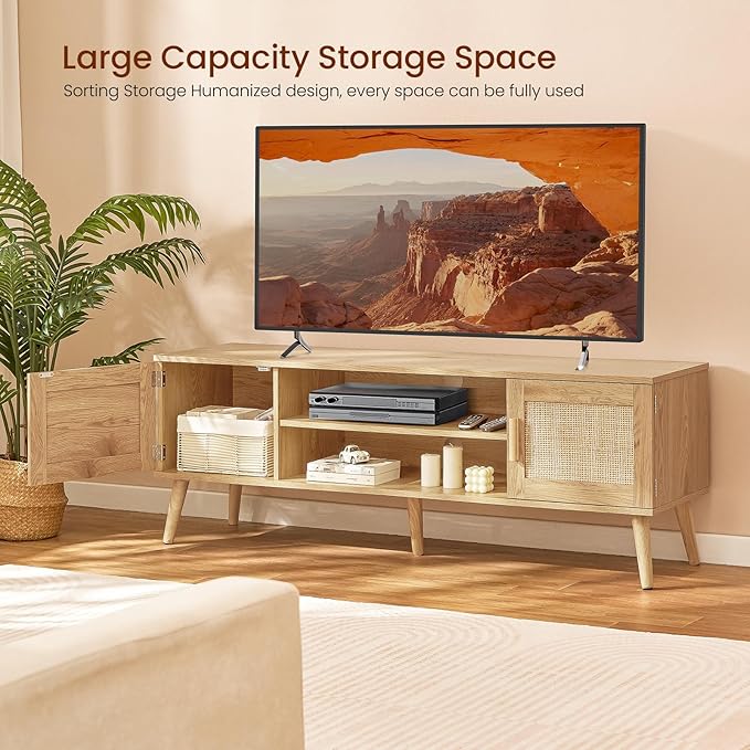 Iwell Boho Rattan TV Stand for 70 inch TV, Large TV Console, Entertainment Center with Adjustable Shelf and 2 Cabinets, Mid Century Modern TV Stands for Living Room, Bedroom, Natural - LeafyLoom
