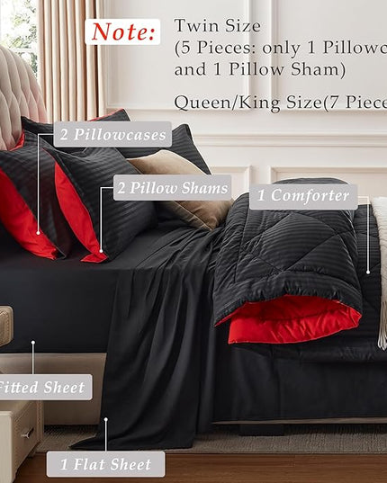 NexHome Black/Red King Bed in a Bag 7-Pieces Comforter Sets with Comforter and Sheets Soft All Season Bedding Sets with Comforter, Pillow Shams, Flat Sheet, Fitted Sheet and Pillowcases - LeafyLoom