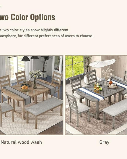 Dining Table Set for 6, 6-Piece Rubber Wood Dining Table Set with Beautiful Wood Grain Pattern Tabletop and Soft Cushion, Dining Room Table Set for Living Room, Kitchen, Natural Wood Wash - LeafyLoom