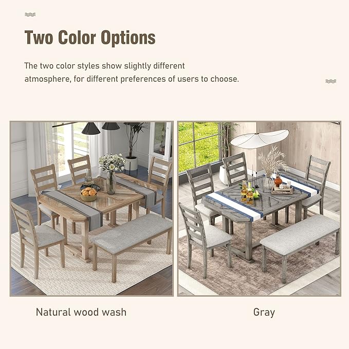 Dining Table Set for 6, 6-Piece Rubber Wood Dining Table Set with Beautiful Wood Grain Pattern Tabletop and Soft Cushion, Dining Room Table Set for Living Room, Kitchen, Natural Wood Wash - LeafyLoom