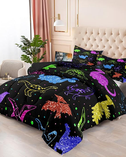 Dinosaur Kids Bedding Sets for Boys, Cartoon Dinosaur Comforter Sets Queen Size Colorful Dinosaur Bedding Soft Breathable Dinosaur Quilt for All Season (1 Comforter 2 Pillowcase) - LeafyLoom