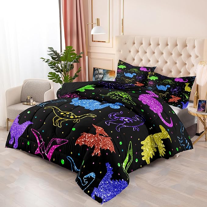 Dinosaur Kids Bedding Sets for Boys, Cartoon Dinosaur Comforter Sets Queen Size Colorful Dinosaur Bedding Soft Breathable Dinosaur Quilt for All Season (1 Comforter 2 Pillowcase) - LeafyLoom