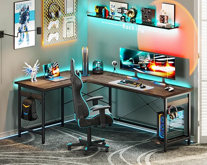 Coleshome 66" L Shaped Gaming Desk, Corner Computer Desk, Sturdy Home Office Computer Table, Writing Desk, Larger Gaming Desk Workstation, Grey Oak - LeafyLoom