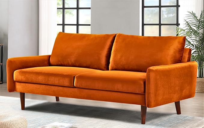 US Pride Furniture Kent Modern Velvet Sofa, Comfortable 3 Seater Couch for Living Rooms and Small Spaces, Ideal Studio Apartment Furniture with Sleek Design, Orange - LeafyLoom