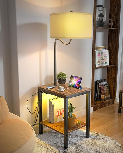 LED Floor Lamp with Table - Rustic Side Table with LED Light and Power Outlet, Bedside Nightstand with Lamp, End Table with Lamp Attached for Living Room, Bedroom, USB Ports, Bulb Included - LeafyLoom