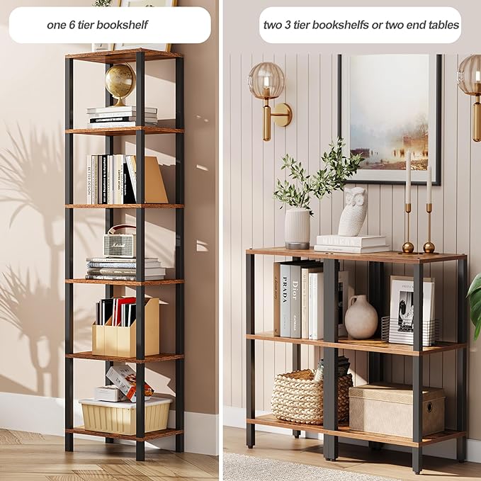 TUTOTAK Bookshelf, 6-Tier Tall Book Shelf, Narrow Bookcase for Small Space, DIY Stackable Bookshelf, for Living Room, Office, Study, Entryway, Industrial, Rustic Brown BS01BB006 - LeafyLoom