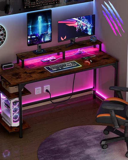 Furologee Computer Desk with Charging Station and LED Lights, 55" Office Gaming Desk with Adjustable Shelves and Fabric Drawer, Study Table with Monitor Stand and Hooks, Rustic Brown - LeafyLoom
