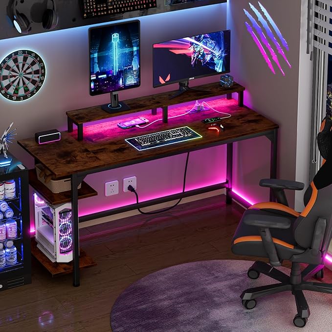 Furologee Computer Desk with Charging Station and LED Lights, 55" Office Gaming Desk with Adjustable Shelves and Fabric Drawer, Study Table with Monitor Stand and Hooks, Rustic Brown - LeafyLoom