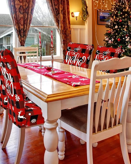 Ganeen 6 Pcs Christmas Chair Covers Merry Christmas Chair Back Cover Stretch Christmas Seat Cover Washable Xmas Dining Chair Protector Slipcover for Dining Room Kitchen Holiday Party(Plaid Style) Ganeen
