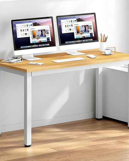DlandHome 55 Inches Large Computer Desk, Composite Wood Board, Decent & Steady Home Office Desk/Workstation/Table, BS1-140TW Teak & White Legs, 1 Pack - LeafyLoom
