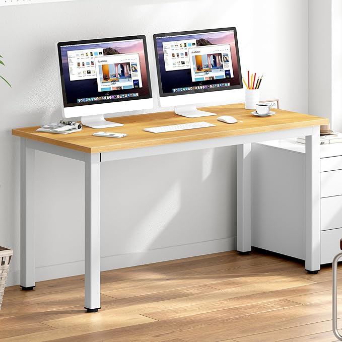 DlandHome 55 Inches Large Computer Desk, Composite Wood Board, Decent & Steady Home Office Desk/Workstation/Table, BS1-140TW Teak & White Legs, 1 Pack - LeafyLoom