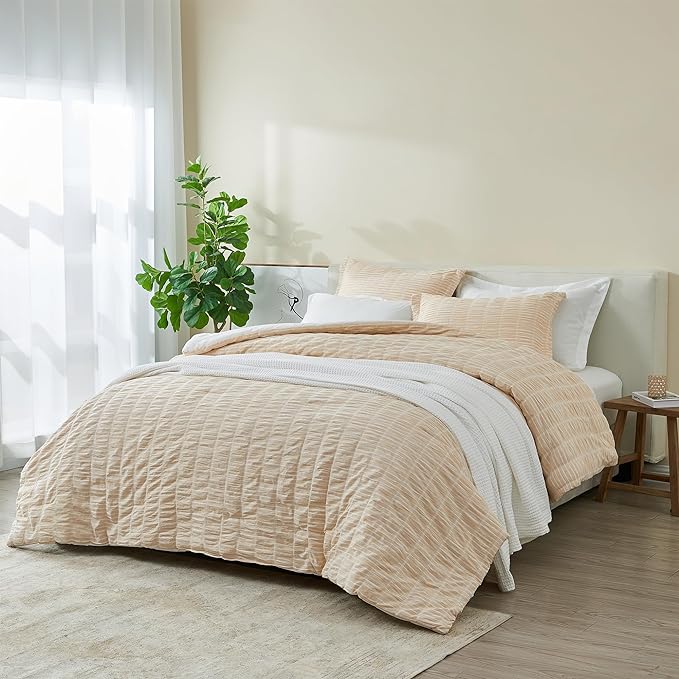 Full/Queen 100% Cotton Comforter Set | Taupe Puckered Striped Down Alternative Comforter | All Season, Linen-Like, Textured 3 Piece Bedding Comforter Set (Full/Queen, Taupe) - LeafyLoom