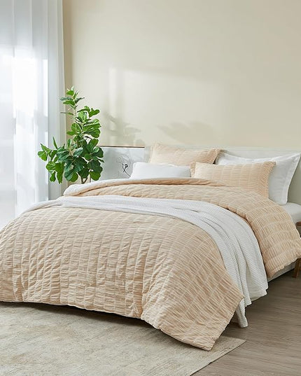 King 100% Cotton Comforter Set | Taupe Puckered Striped Down Alternative Comforter | All Season, Linen-Like, Textured 3 Piece Bedding Comforter Set (King, Taupe) - LeafyLoom