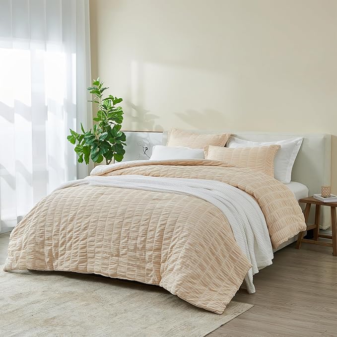 King 100% Cotton Comforter Set | Taupe Puckered Striped Down Alternative Comforter | All Season, Linen-Like, Textured 3 Piece Bedding Comforter Set (King, Taupe) - LeafyLoom
