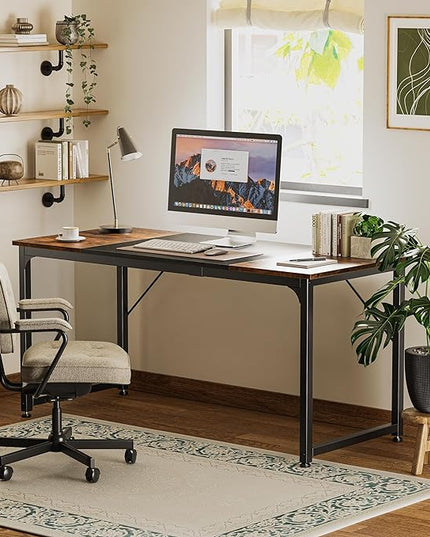 Computer Desk, 63 Inch Office Desk, Gaming Desk with Storage, Writing Desk Work Desk for Home Office, Study, Modern Simple Desk, Large Legroom, Metal Frame, Rustic Brown and Black - LeafyLoom
