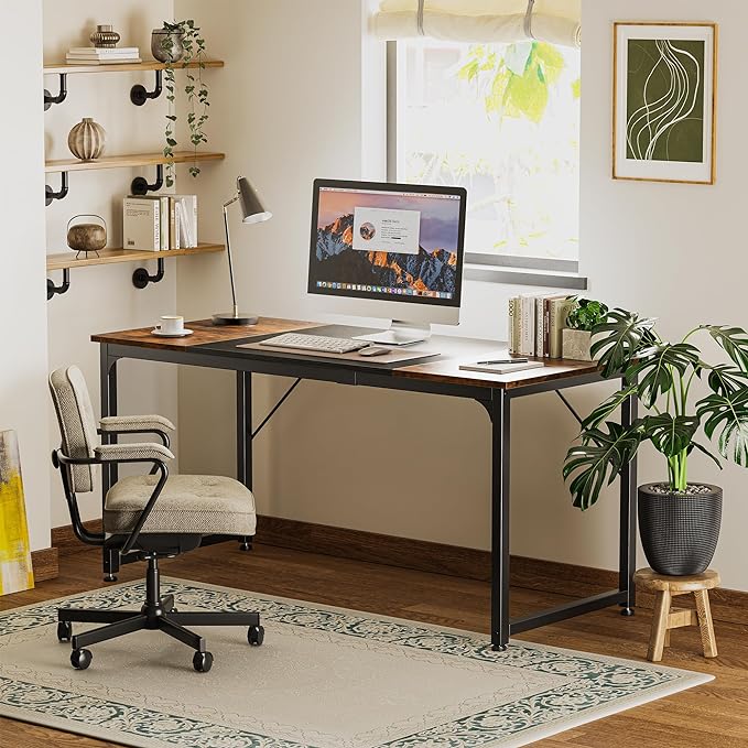Computer Desk, 63 Inch Office Desk, Gaming Desk with Storage, Writing Desk Work Desk for Home Office, Study, Modern Simple Desk, Large Legroom, Metal Frame, Rustic Brown and Black - LeafyLoom