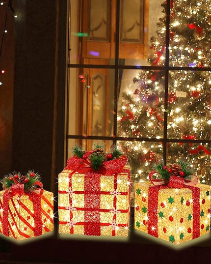 [Large 9.5"x8"x6.5" Christmas Set of 3 Lighted Gift Boxes Decorations Pre-lit 70 Super-Bright LED with Flashers,for Indoor Outdoor Christmas Tree Skirt Ornament Pathway Holiday Party Home GLOWNOVA