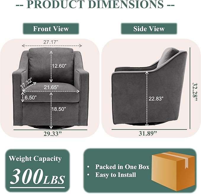 COLAMY 360° Swivel Accent Chair Set of 2, Upholstered Fabric Leisure Armchair with Lumbar Pillow for Living Room Bedroom Home Office, Grey - LeafyLoom