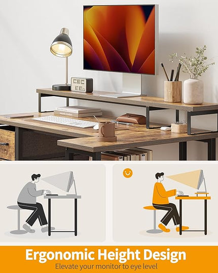 CubiCubi L Shaped Computer Desk with Monitor Stand & Shelves, 47 Inch Corner Home Office Desk Writing Table with Storage Drawer, Brown - LeafyLoom