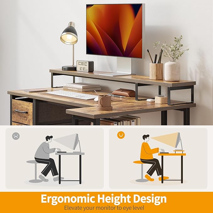 CubiCubi L Shaped Computer Desk with Monitor Stand & Shelves, 47 Inch Corner Home Office Desk Writing Table with Storage Drawer, Brown - LeafyLoom