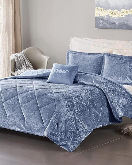 Intelligent Design Queen Comforter Set, Velvet Comforter Set , Luxury Diamond Quilting Comforter Set, Fluffy Comforter Bed Set with Decorative Pillowand 2 Shams, 4 Piece Blue, Full/Queen - LeafyLoom