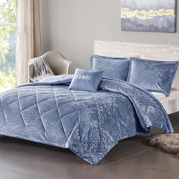 Intelligent Design Queen Comforter Set, Velvet Comforter Set , Luxury Diamond Quilting Comforter Set, Fluffy Comforter Bed Set with Decorative Pillowand 2 Shams, 4 Piece Blue, Full/Queen - LeafyLoom