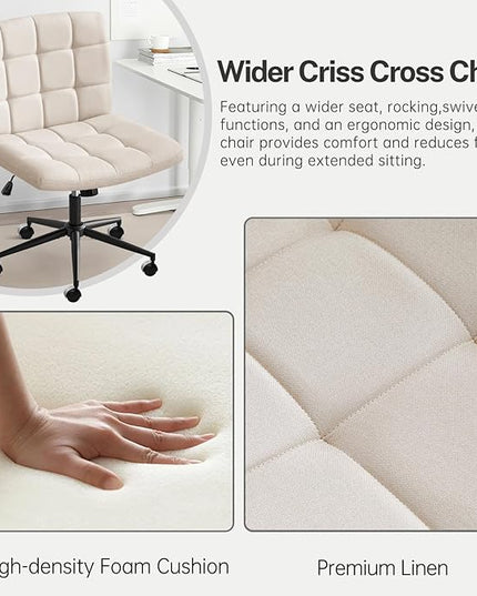 Furniliving Home Office Desk Chair with Wheels,Criss Cross Legged Wide Chair Armless Height Adjustable Chair with Mid Back Swivel Accent Vanity Chairs,Linen-Beige - LeafyLoom