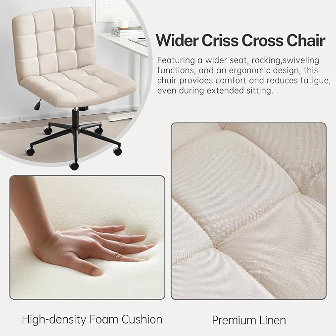 Furniliving Home Office Desk Chair with Wheels,Criss Cross Legged Wide Chair Armless Height Adjustable Chair with Mid Back Swivel Accent Vanity Chairs,Linen-Beige - LeafyLoom