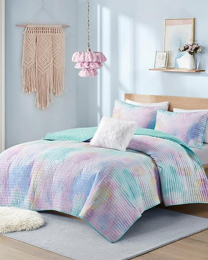 Intelligent Design Queen Quilt Set Boho Quilt Set, Watercolor Tie-Dye Coverlet Set, Casual & Trendy Quilted Lightweight Bedspread, All Season Bed Set, Shams, Cassiopeia, Full/Queen, Pink/Blue 4 Piece - LeafyLoom