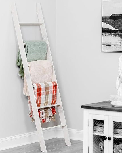 Blanket Ladder for Living Room and Bedroom, 6-Tier Wall Leaning Laminate Snag Free Construction (White) Rustic Decorative Farmhouse Blanket Storage, Quilt Rack, Ladder Shelf, Easy Assembly - LeafyLoom