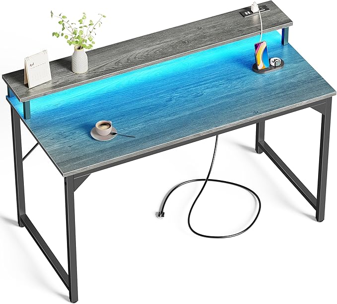 SUPERJARE 47 inch Computer Desk with LED Lights & Power Outlets, Home Office Desk with Monitor Shelf, Small Desk for Home & Office, Grey - LeafyLoom